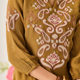 Shaya Olive Cotton Blend Embroidered Top