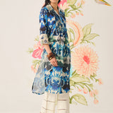 Zahra Blue Printed A-line Linen Kurta