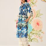 Zahra Blue Printed A-line Linen Kurta