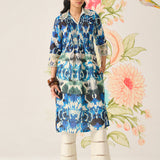 Zahra Blue Printed A-line Linen Kurta