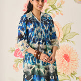 Zahra Blue Printed A-line Linen Kurta