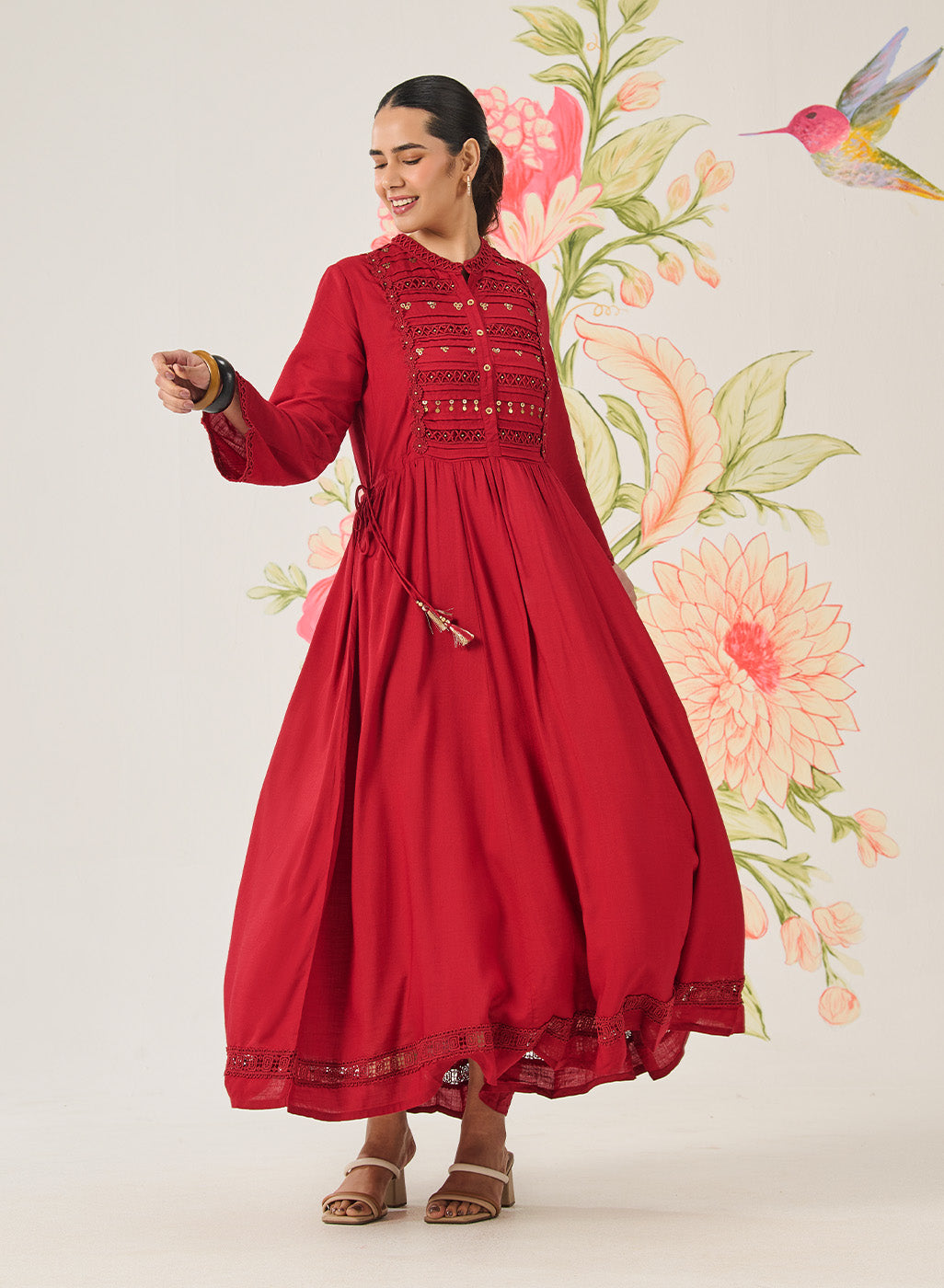 Poppy Red Self-Embroidered Flared Dress Lakshita Poppy Red Self-Embroidered Flared Dress Lakshita