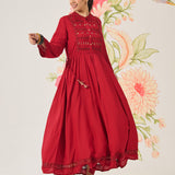 Poppy Red Self-Embroidered Flared Dress