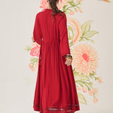 Poppy Red Self-Embroidered Flared Dress