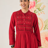 Poppy Red Self-Embroidered Flared Dress