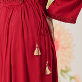 Poppy Red Self-Embroidered Flared Dress