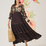 Clover Brown Chanderi Printed Tiered Dress