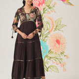 Clover Brown Chanderi Printed Tiered Dress