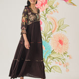 Clover Brown Chanderi Printed Tiered Dress