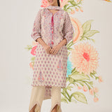 Sosan Cream Printed Organza Suit Set with Dupatta