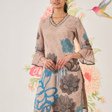 Anvi Beige Floral Printed Organza Suit Set with Dupatta