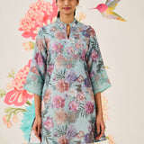 Haya Light Blue Printed Linen-blend Kurti