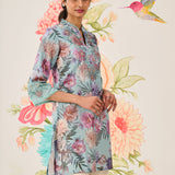 Haya Light Blue Printed Linen-blend Kurti