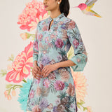 Haya Light Blue Printed Linen-blend Kurti