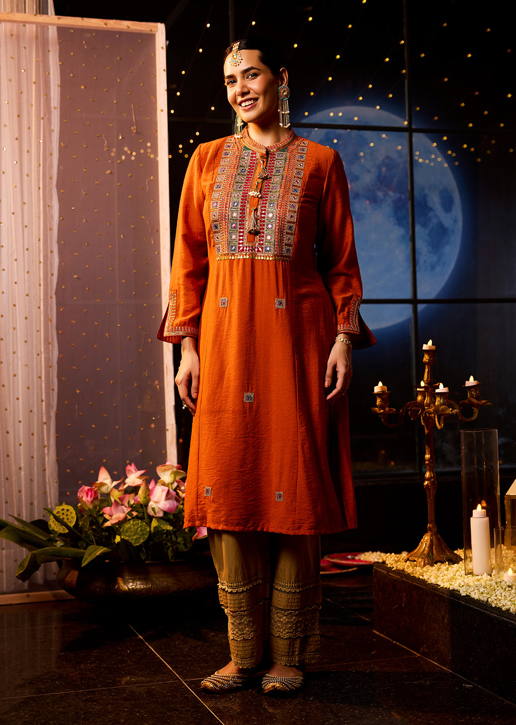 Arshia Chrome Rust Embroidered Rayon Co-ord Set for Women