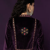 Morni Deep Purple Embroidered Velvet A-line Kurta Set