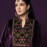 Morni Deep Purple Embroidered Velvet A-line Kurta Set