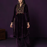 Morni Deep Purple Embroidered Velvet A-line Kurta Set