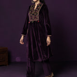 Morni Deep Purple Embroidered Velvet A-line Kurta Set