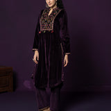 Morni Deep Purple Embroidered Velvet A-line Kurta Set
