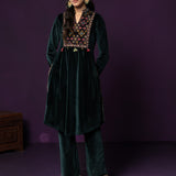 Morni Bottle Green Embroidered Velvet A-line Kurta Set