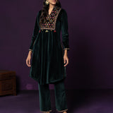 Morni Bottle Green Embroidered Velvet A-line Kurta Set