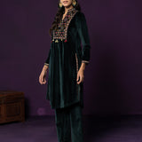 Morni Bottle Green Embroidered Velvet A-line Kurta Set