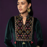 Morni Bottle Green Embroidered Velvet A-line Kurta Set