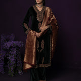 Koel Green Embroidered Velvet Suit Set with Banarasi Dupatta