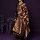 Koel Brown Embroidered Velvet Suit Set with Banarasi Dupatta