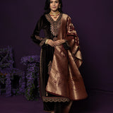Koel Brown Embroidered Velvet Suit Set with Banarasi Dupatta