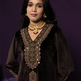 Koel Brown Embroidered Velvet Suit Set with Banarasi Dupatta