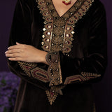 Koel Brown Embroidered Velvet Suit Set with Banarasi Dupatta