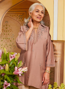 An Elegant Elderly Woman With Silver Hair in A Niya Oak Brown Embroidered Cotton Linen Slub Long Top