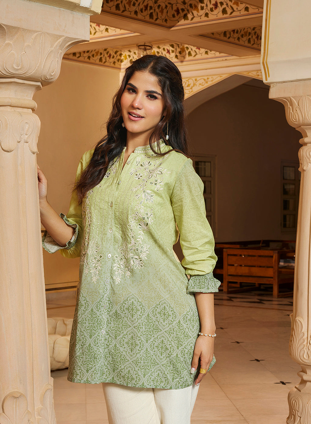 Myra Apple Green Long Printed Cotton Modal Shirt for Women