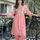 Della Peach Embroidered Chanderi Kurta Set for Women