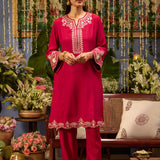 Mrunal Carmine Maroon Embroidered Cotton Viscose Crinckled Long Co-ord set for Women