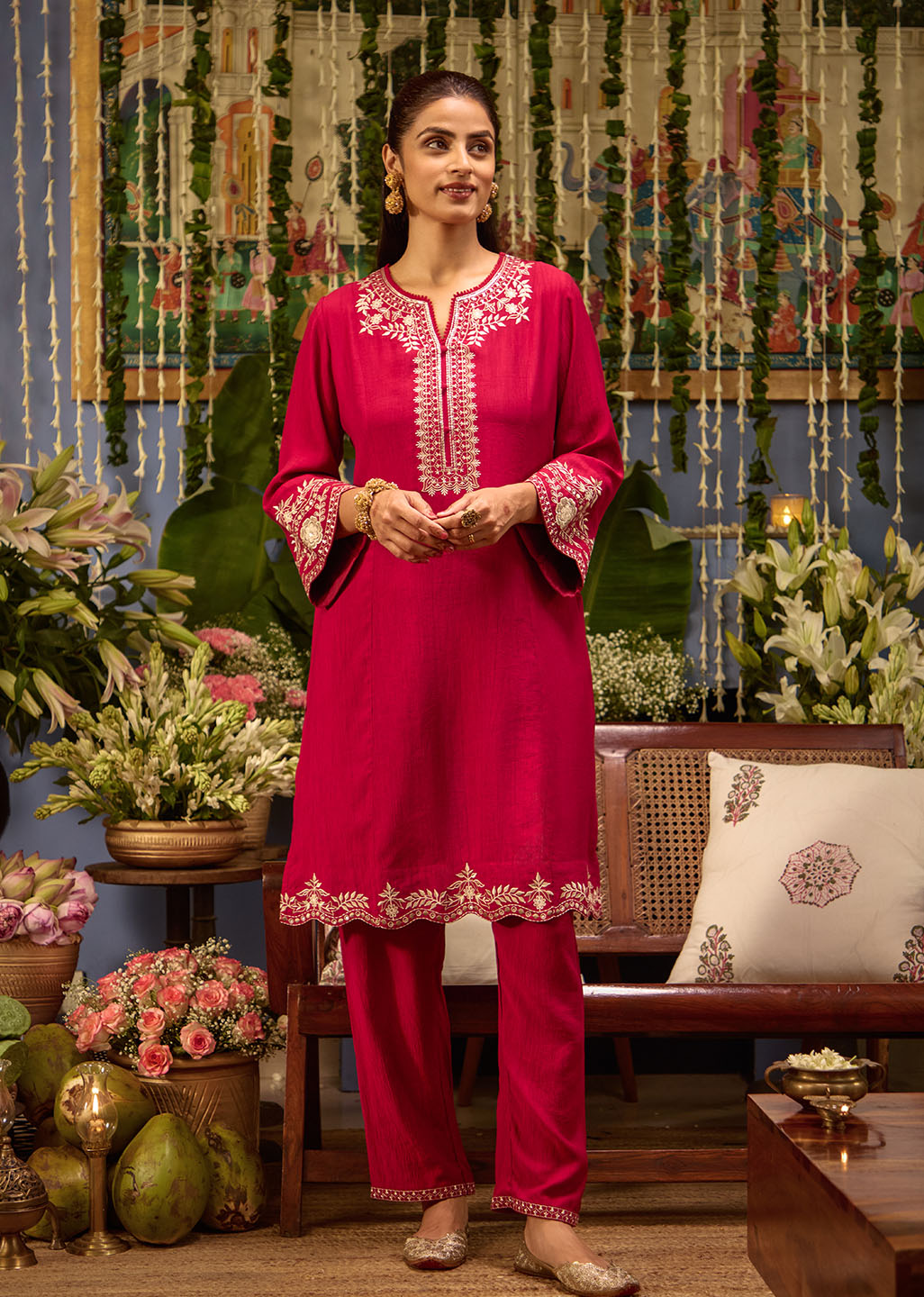 Mrunal Carmine Maroon Embroidered Cotton Viscose Crinckled Co-ord set for Women