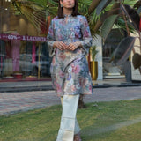 Haya Light Blue Printed Linen-blend Kurti