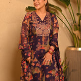 Kusum Purple Floral Printed Organza Suit Set with Dupatta