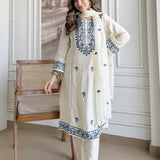 Kora Ivory Cotton Blend Embroidered Suit Set with Dupatta
