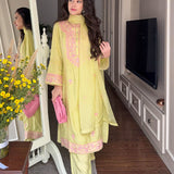 Kora Green Cotton Blend Embroidered Suit Set with Dupatta