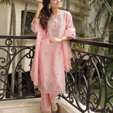 Albeli Baby Pink Embroidered A-line Suit Set with Dupatta