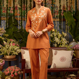 Fasana Burnt Orange Embroidered Rayon Slub Short Co-ord Set for Women