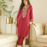 Saroja Dark Fuchsia Embroidered A-line Kurta Set