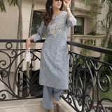 Iraavat Blue Embroidered Cotton Kurta Set