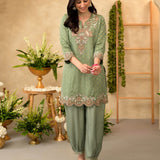 Aroha Kelly Green Embroidered Co-ord Set