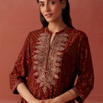 Draped in elegance, the model wears Lakshita’s Nyla Maroon Printed Co-ord Set 
