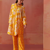 Back view of Seher bright yellow printed Chanderi co-ord set featuring floral patterns on long kurta and matching pants.