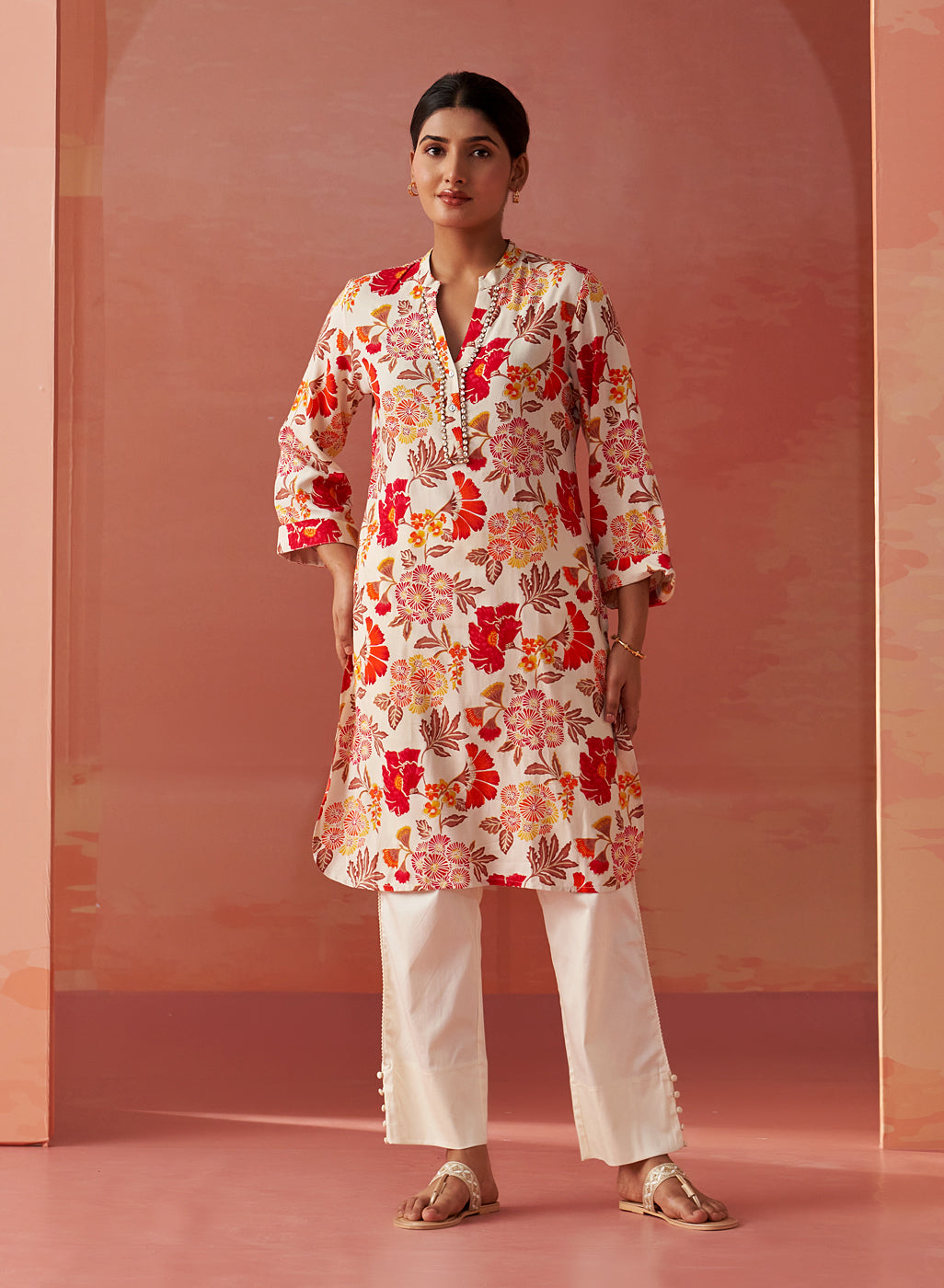 Model showcasing Yasmin Fuschia Printed Rayon Kurti for women, featuring a stylish, vibrant design and perfect fit.